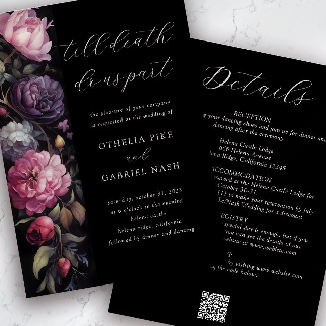 Convite Casamento Preto Floral Gótico Tudo em Um Código QR (Criador carregado)