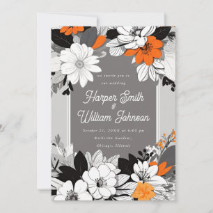 Convite Casamento preto floral moderno, branco, laranja