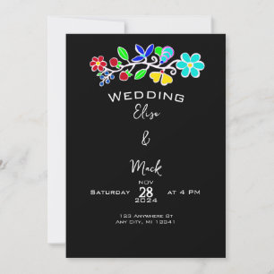 Convite Casamento Preto Floral Nativo Americano Anishinaab