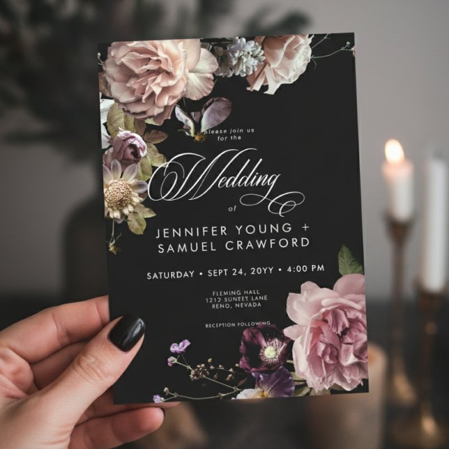Convite Casamento Preto Floral Opulente de Pastel Moody Da (Criador carregado)