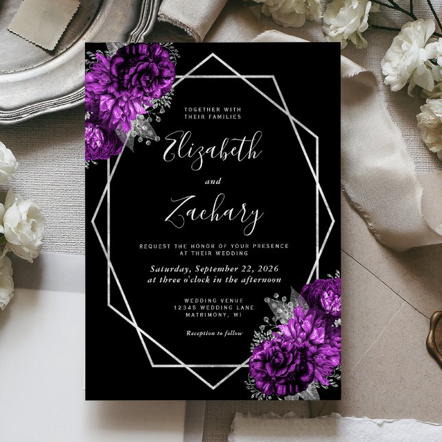 Convite Casamento Preto Floral Prata Ameixa Roxa (Criador carregado)