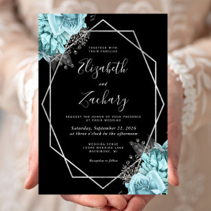 Convite Casamento Preto Floral Prata Azul Aqua