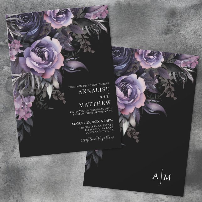 Convite Casamento Preto Floral Púrpura Escuro (Dark Purple Floral Black Wedding Invitation)