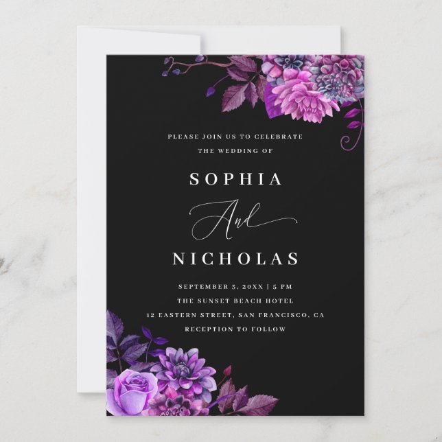 Convite Casamento Preto Floral Roxo | Código de Foto e QR (Frente)