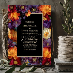 Convite Casamento Preto Floral Roxo e Laranja