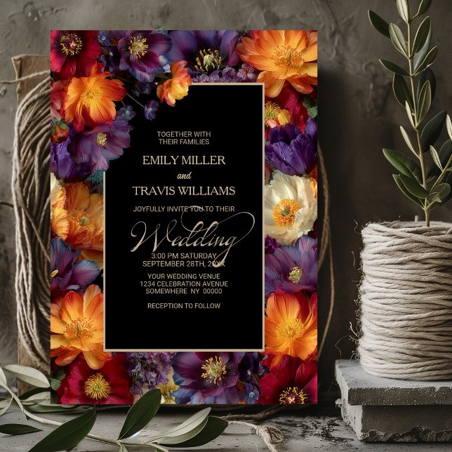 Convite Casamento Preto Floral Roxo e Laranja (Criador carregado)