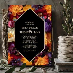 Convite Casamento Preto Floral Roxo e Laranja Elegante