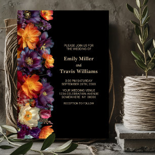 Convite Casamento Preto Floral Roxo e Laranja Moderno