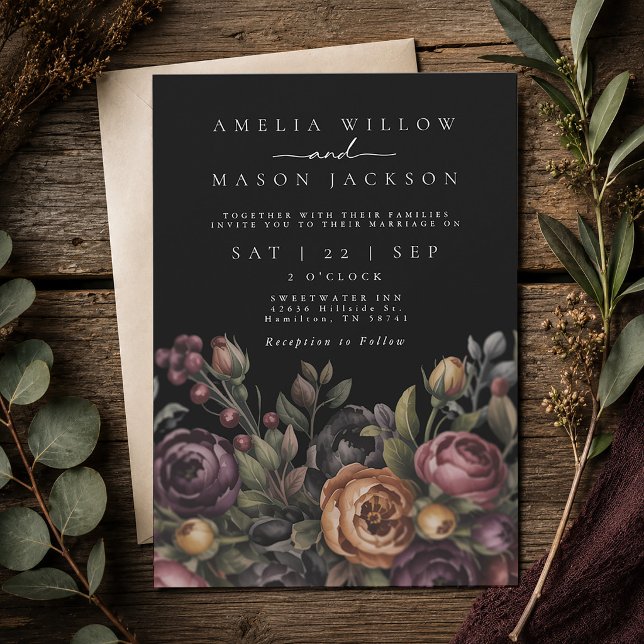 Convite Casamento Preto Floral Sombrio e Temperamental (Dark Moody Floral Black Wedding Invitation)