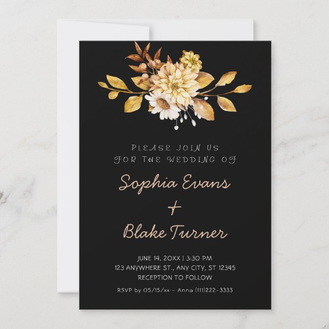 Convite Casamento Preto Floral Suave Rústico Antigo (Frente)