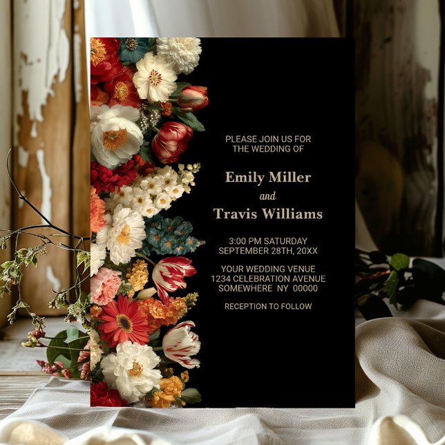 Convite Casamento Preto Floral Vibrante e Temperamental (Criador carregado)