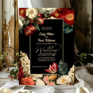Convite Casamento Preto Floral Vibrante e Temperamental