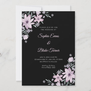 Convite Casamento Preto Flores Florais Roxas Românticas