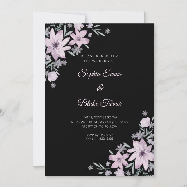 Convite Casamento Preto Flores Florais Roxas Românticas (Frente)