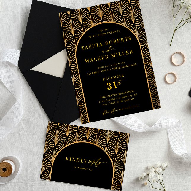Convite Casamento Preto Formal Com Arte Dourada Deco Negra (Black and Gold Formal Black Tie Wedding Invitation)