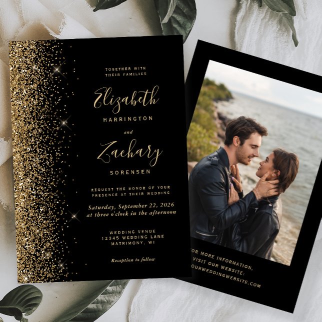 Convite Casamento Preto Foto Brilho Dourado Moderno (Criador carregado)
