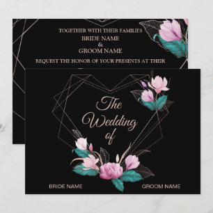 Convite Casamento Preto Geométrico Dourado Floral Rosa Ele