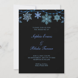 Convite Casamento Preto Luzes Azuis Penduradas e Flocos de