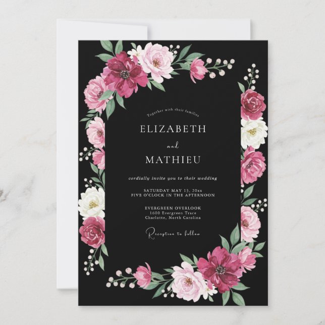 Convite Casamento Preto Magenta Ranunculus Eucalipto (Frente)