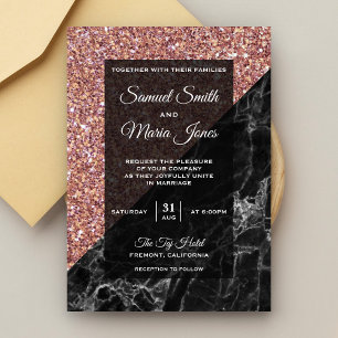 Convite Casamento Preto Mármore Brilho Dourado Rosa Falso 