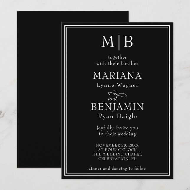 Convite Casamento Preto Minimalista com Borda Moderna (Frente/Verso)
