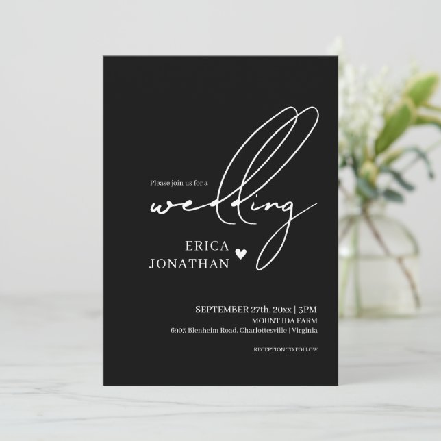 Convite Casamento Preto Moderno Com Letras Brancas (Em pé/Frente)