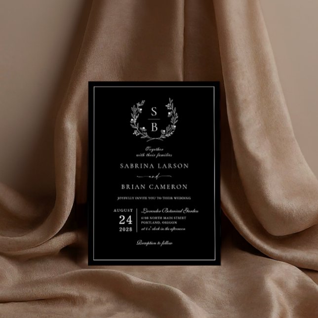 Convite Casamento Preto Monograma Botânico Elegante (Criador carregado)