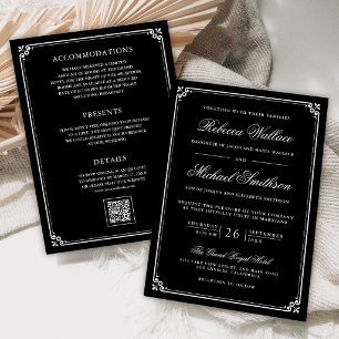 Convite Casamento Preto QR Code Minimalista Tudo em Um