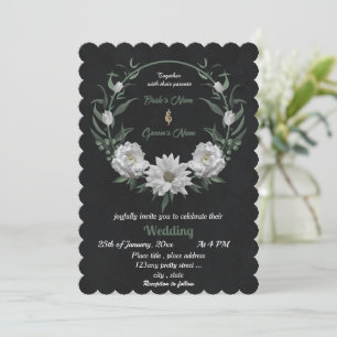 Convite casamento preto romântico de flores brancas