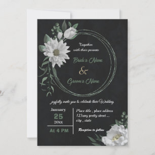 Convite casamento preto romântico de flores brancas