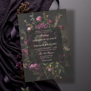 Convite Casamento Preto Romântico Sombrio Floral Borgonha