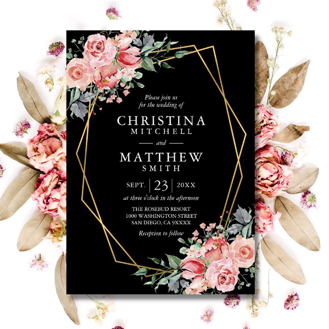 Convite Casamento Preto Rosa Bege Floral Aquarela (Watercolor Floral Blush Pink Black Wedding Invitation)