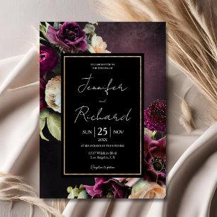 Convite Casamento Preto Roxo Empoeirado Flor de Bloom Somb