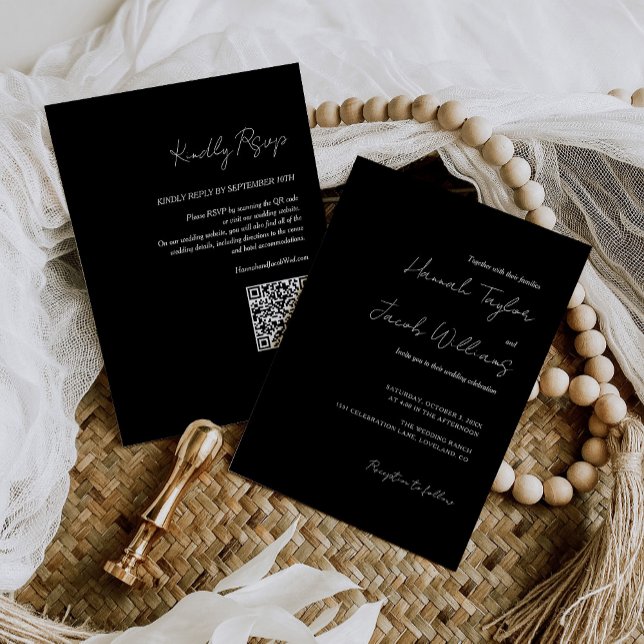 Convite Casamento Preto RSVP de Código QR (Criador carregado)