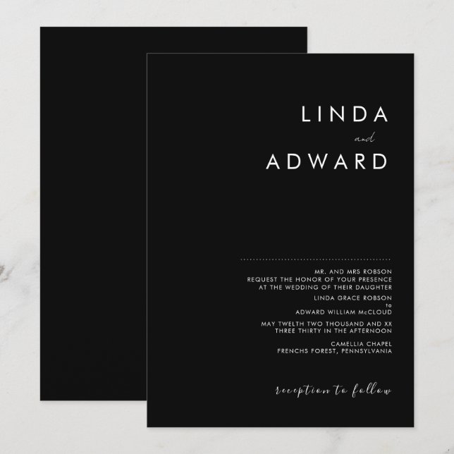 Convite Casamento Preto Tradicional Minimalista Moderno (Frente/Verso)