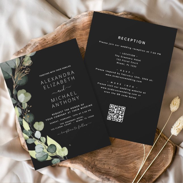 Convite Casamento Preto Tudo em Um Código Eucalyptus QR (Criador carregado)