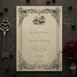 Convite Casamento Preto Vintage Gótico Toile Caveira Bege