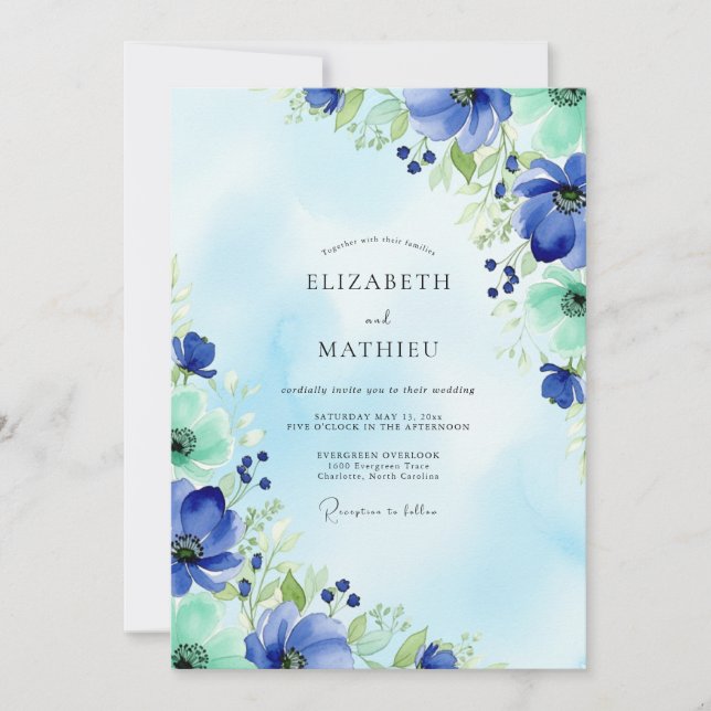 Convite Casamento Primavera Aguarela Azul Menta (Frente)