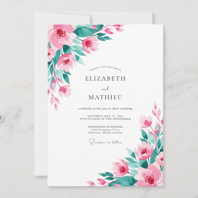 Convite Casamento Primavera Atmosférico Rosa Turquesa (Frente)