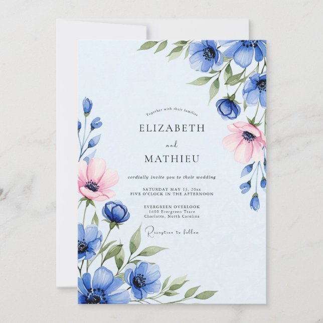 Convite Casamento Primavera Azul Azure Polido (Frente)