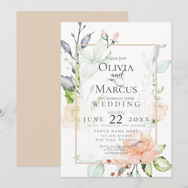 Convite CASAMENTO | Primavera Blush Peach Blossomo Rosa (Frente/Verso)