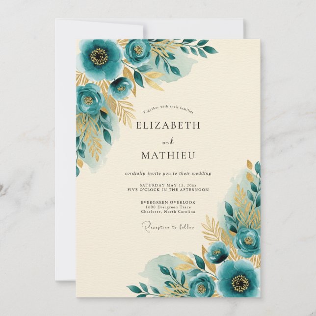 Convite Casamento Primavera Dourado Turquesa (Frente)