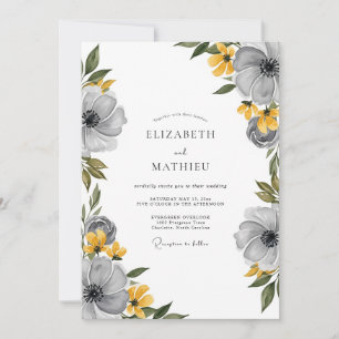 Convite Casamento Primavera Floral Amarelo Cinza