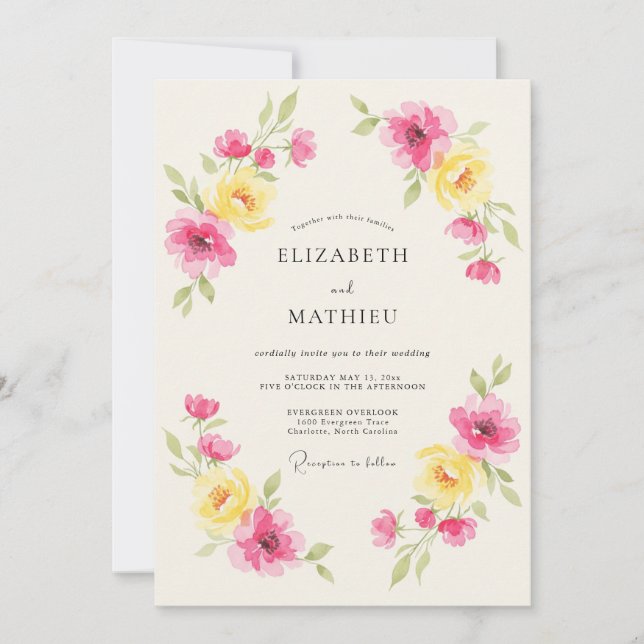 Convite Casamento Primavera Floral Rosa Amarelo (Frente)