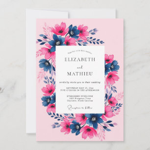 Convite Casamento Primavera Fuchsia Navy Pintado à Mão