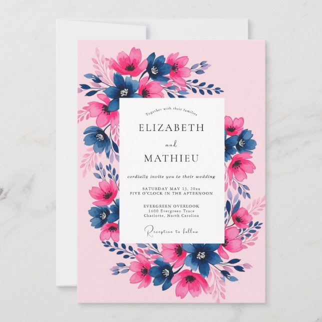 Convite Casamento Primavera Fuchsia Navy Pintado à Mão (Frente)