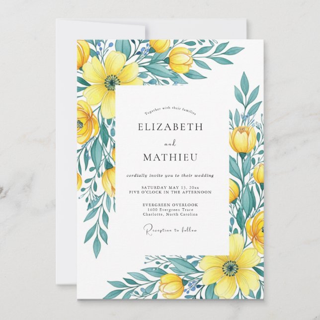 Convite Casamento Primavera Lustroso Amarelo Azul (Frente)