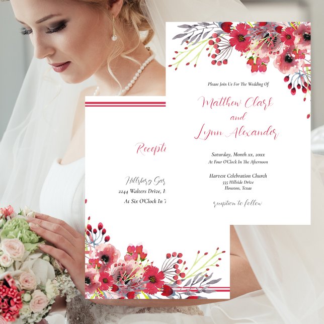 Convite Casamento primavera Watercolor Flores Vermelhos Pó (Spring Colors Watercolor Wedding Invitation)