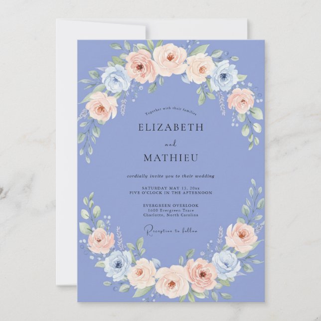 Convite Casamento Primaveril Pitoresco de Tons Azul-Violet (Frente)