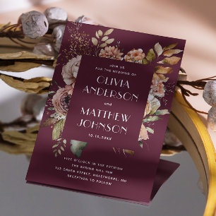 Convite Casamento Profundo de Merlot Floral Burgundy Plu